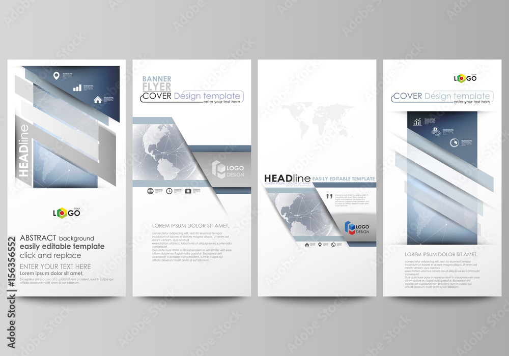 The minimalistic abstract vector illustration of the editable layout of four modern vertical banners, flyers design business templates. Abstract futuristic network shapes. High tech background.