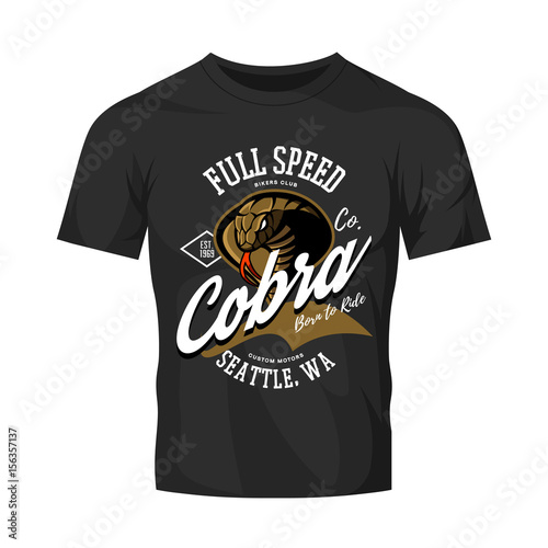 Vintage American furious cobra bikers club tee print vector design isolated on black t-shirt mockup.Premium quality wild snake superior logo concept illustration.