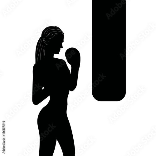 Woman boxing with black punching bag, icon in vector