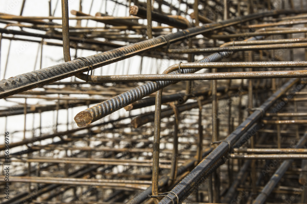 Steel rebar perspective. Reinforcing Steel Bar background. Rebar for concrete construction work.