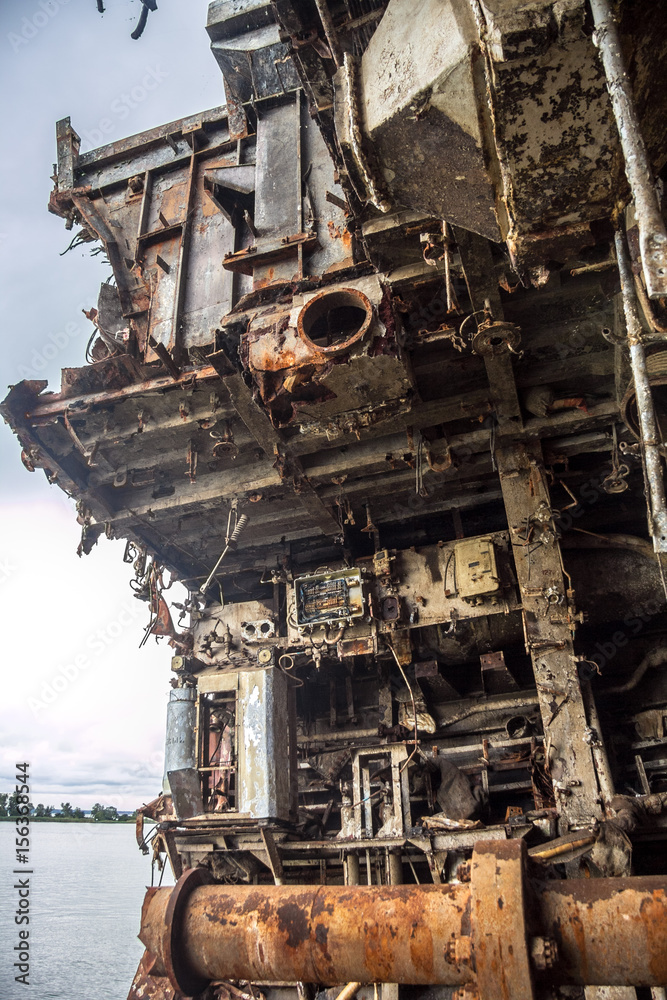 Rusty ruins of Russian warship sawed for scrap metal Rusty ruins of Russian warship sawed for scrap metal