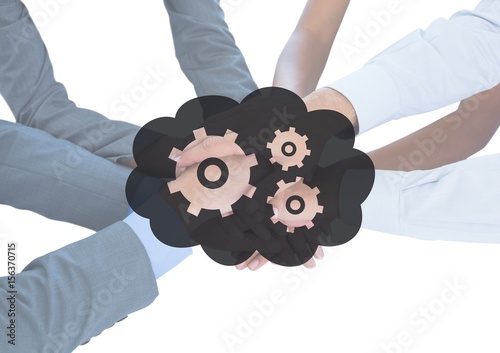 Business hands together behind grey cloud and gear graphic