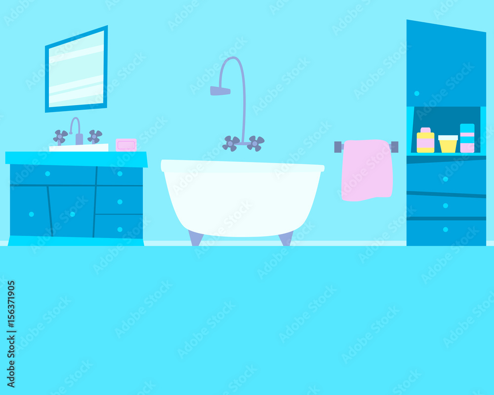 Interior of a blue bathroom with furniture. Flat design. Vector illustration Interior of a blue bathroom with furniture. Flat design. Vector illustration