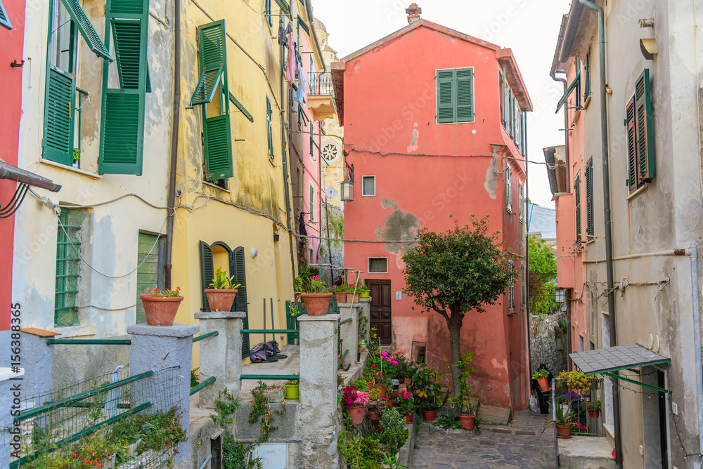 An alley in the city centre of Porto Venere in Liguria, Italy