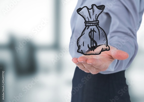 Businesswoman mid section and draw moneybag 