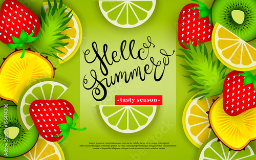 Hello summer. Tasty season. Lettering in the background of a pattern of stylized tropical fruits and berries. Vector illustration