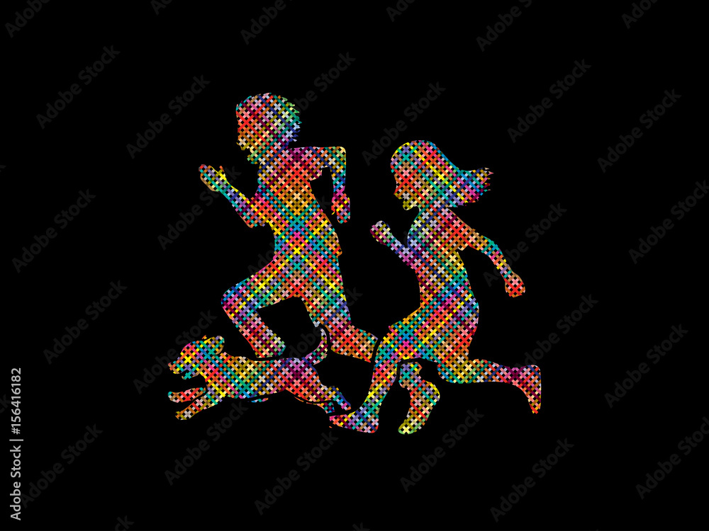 Little boy and girl running together with puppy dog designed using colorful pixels graphic vector