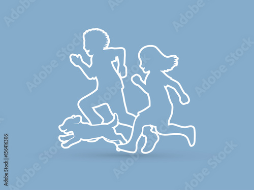 Little boy and girl running together with puppy dog outline stroke graphic vector