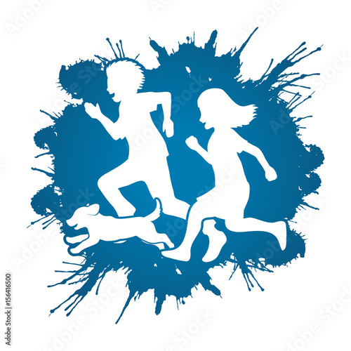 Little boy and girl running together with puppy dog on splatter ink background graphic vector