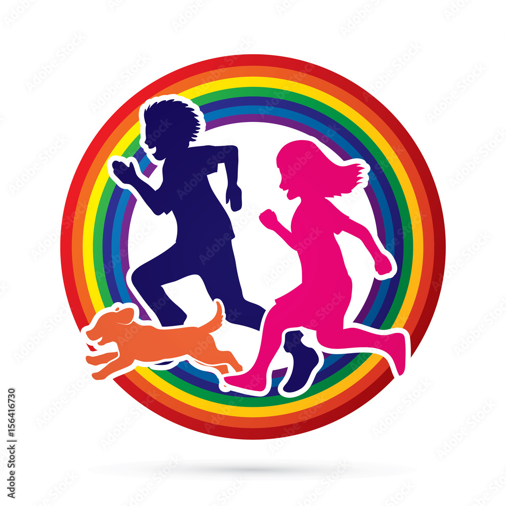 Little boy and girl running together with puppy dog on line rainbows background graphic vector Little boy and girl running together with puppy dog on line rainbows background graphic vector