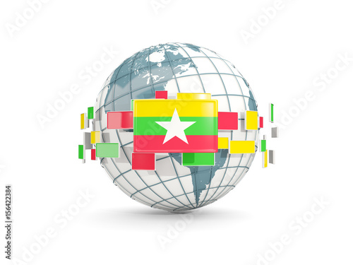 Globe with flag of myanmar isolated on white