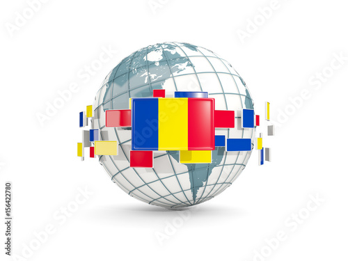 Globe with flag of romania isolated on white