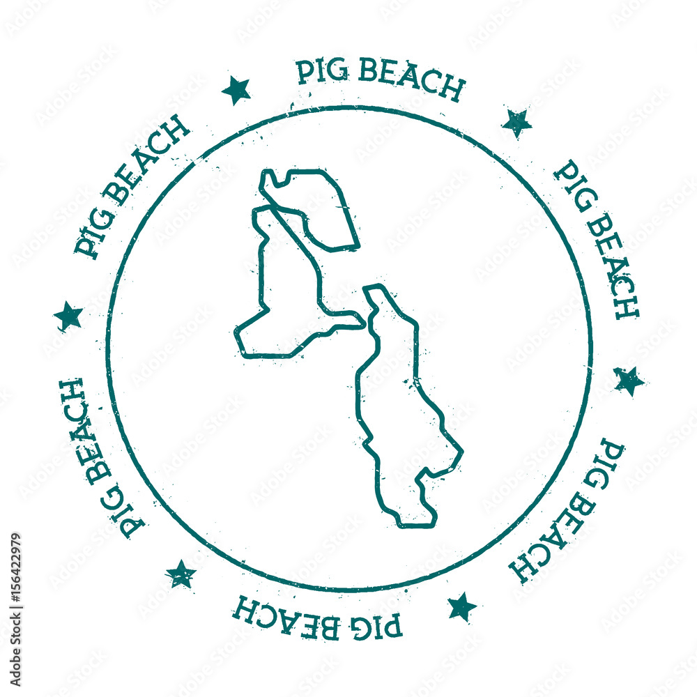 Obraz premium Pig Beach vector map. Distressed travel stamp with text wrapped around a circle and stars. Island sticker vector illustration.