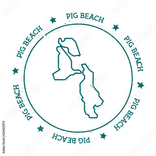 Pig Beach vector map. Distressed travel stamp with text wrapped around a circle and stars. Island sticker vector illustration.