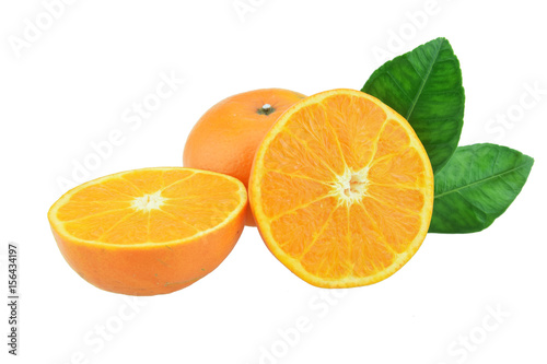 Orange fruit with half and leaves isolated on white background