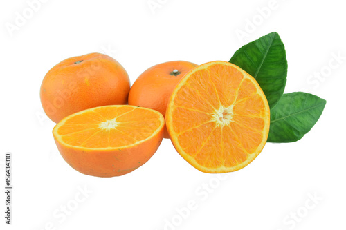 Orange fruit with half and leaves isolated on white background