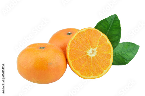 Orange fruit with half and leaves isolated on white background