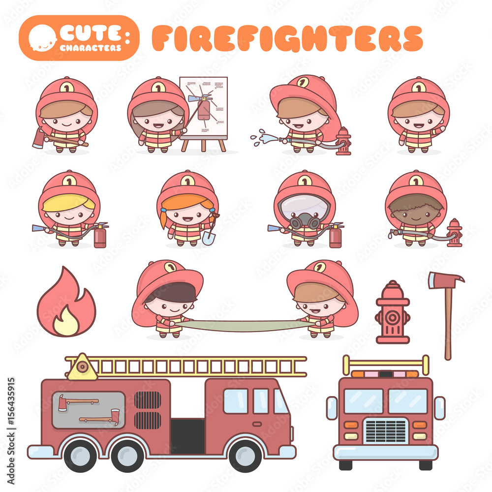 Cute chibi kawaii characters profession set: Firefighters.