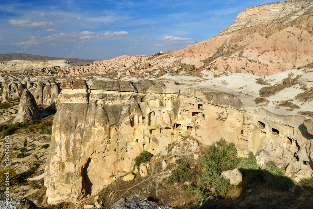 View of cave houses in Cavusin. Cappadocia. Turkey