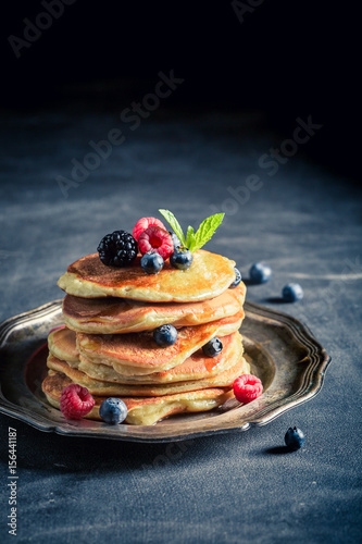Tasty american pancakes with fresh berry fruits