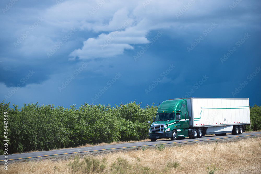 Green semi truck on blue sky and orchard trees