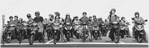 Illustration of asian rush hour traffic with motorbikes and mopeds