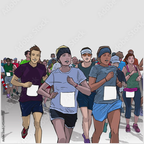 Illustration of cheerful crowd running marathon with blank signs