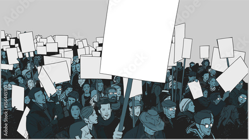 Illustration of protesting crowd with blank signs and banners