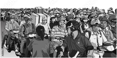 Illustration of asian rush hour traffic with motorbikes and mopeds