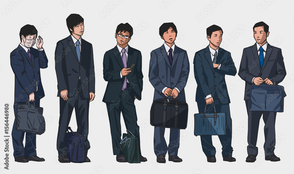 Illustration of crowd of asian office workers in color