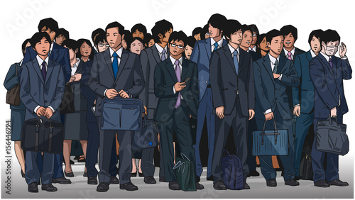 Illustration of crowd of asian office workers in color