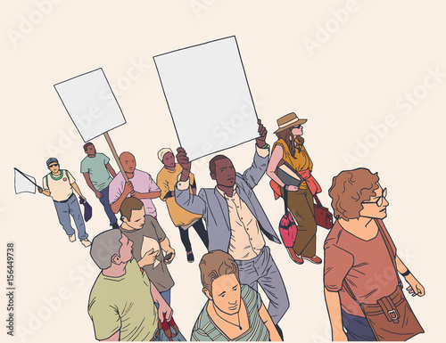 Illustration of mixed ethnic crowd protesting against police brutality with blank signs in high detail