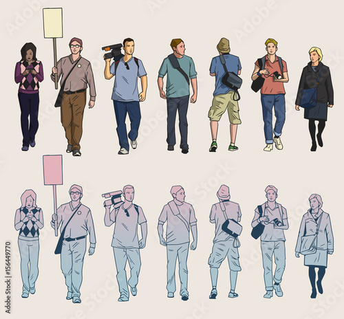 Illustration of peaceful crowd protest with blank signs in high detail