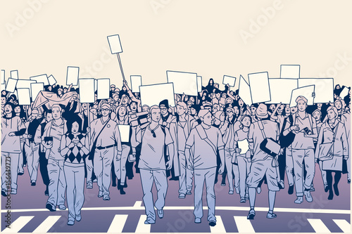 Illustration of peaceful crowd protest with blank signs in high detail