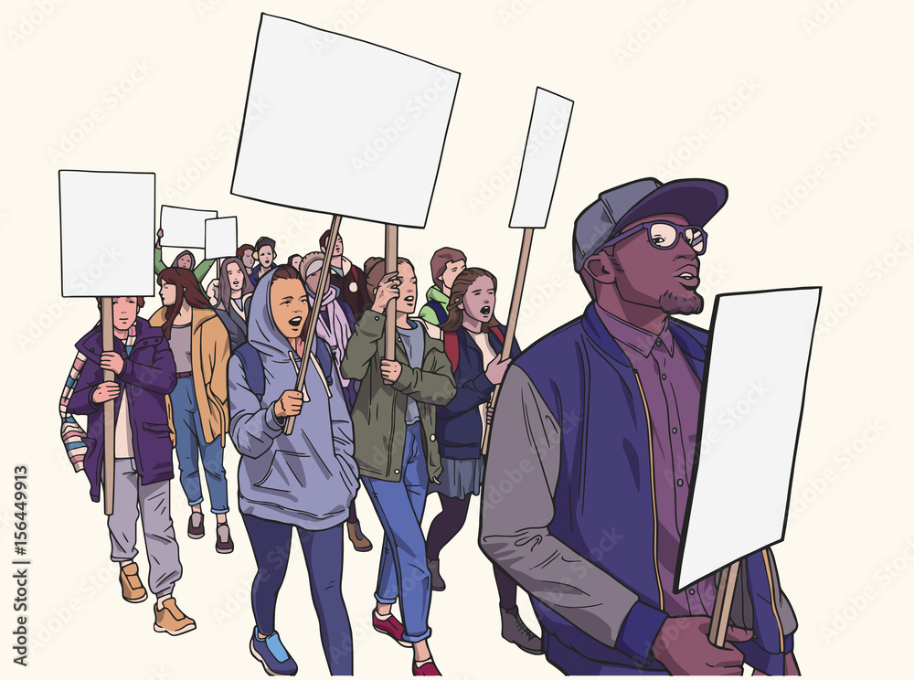 Illustration of of students protesting with signs - obrazy, fototapety, plakaty 