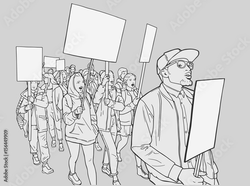 Illustration of of students protesting for equality with blank signs