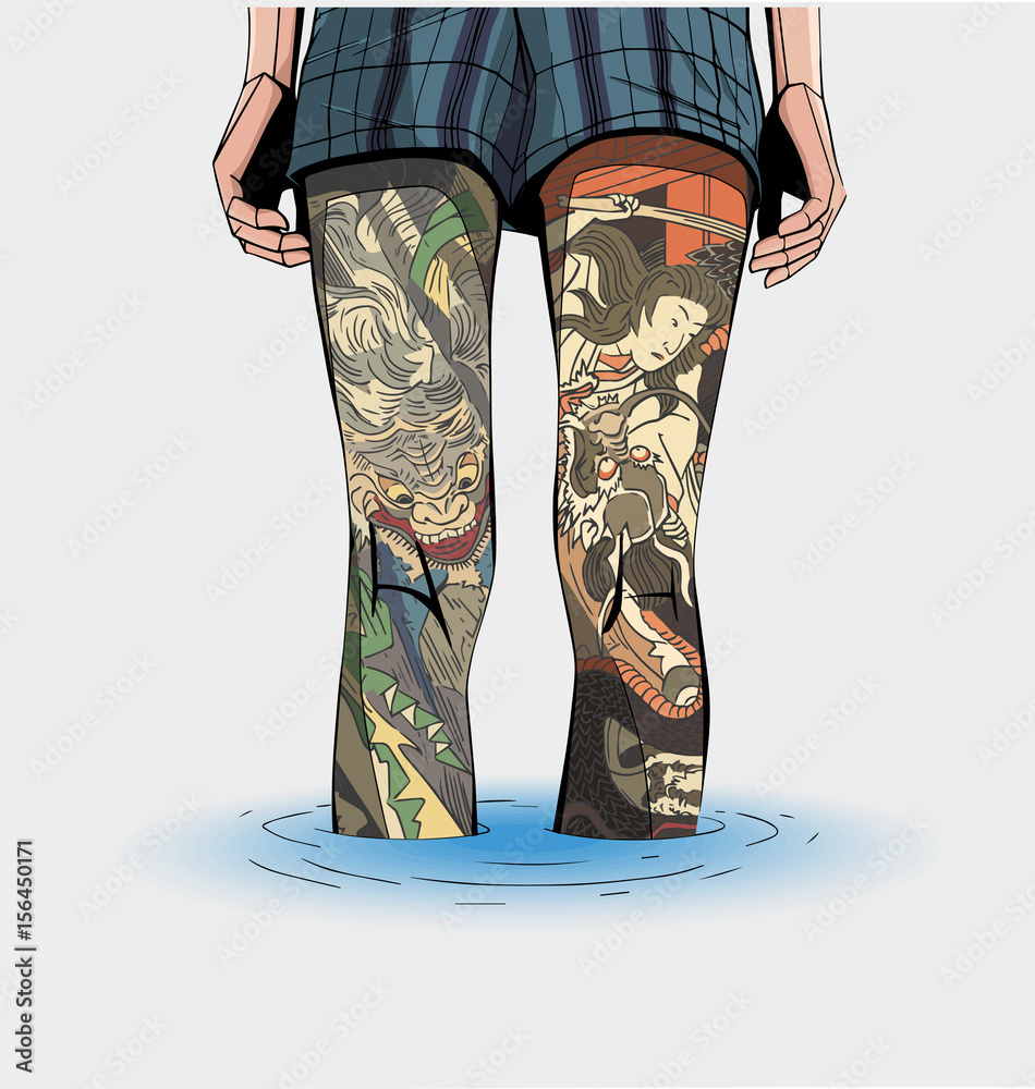 Illustration Of Girl Standing In Water With Japanese Tattoo Stock Vector |  Adobe Stock