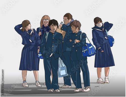 Illustration of young students waiting to go to school in color
