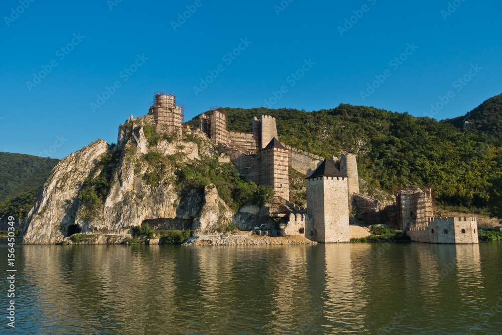 Golubac fortress view from a ship at Danube river in Serbia