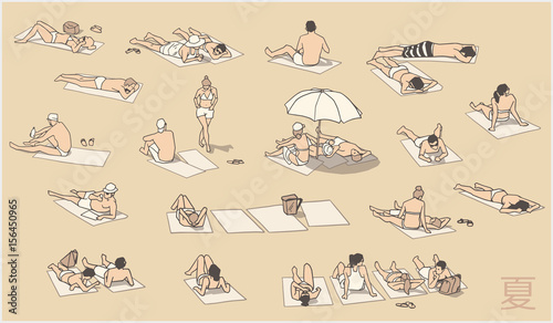 Illustration of people relaxing and sunbathing on sand