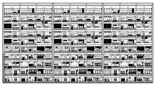 Illustration of asian residential and comercial building in black and white