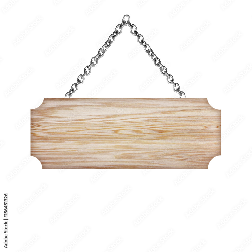 Wooden sign hanging on a chain isolated on white background Wooden sign hanging on a chain isolated on white background