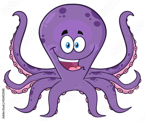 Happy Purple Octopus Cartoon Mascot Character. Illustration Isolated On White Background