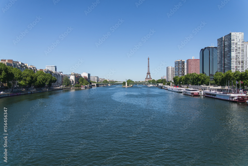 Paris, Eiffel tower, pont de Grenelle with Liberty statue on the Seine