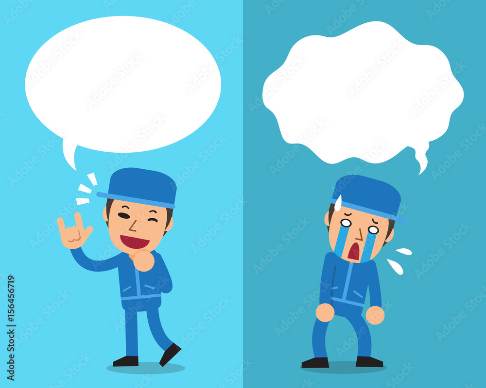 Cartoon a technician expressing different emotions with speech bubbles Cartoon a technician expressing different emotions with speech bubbles