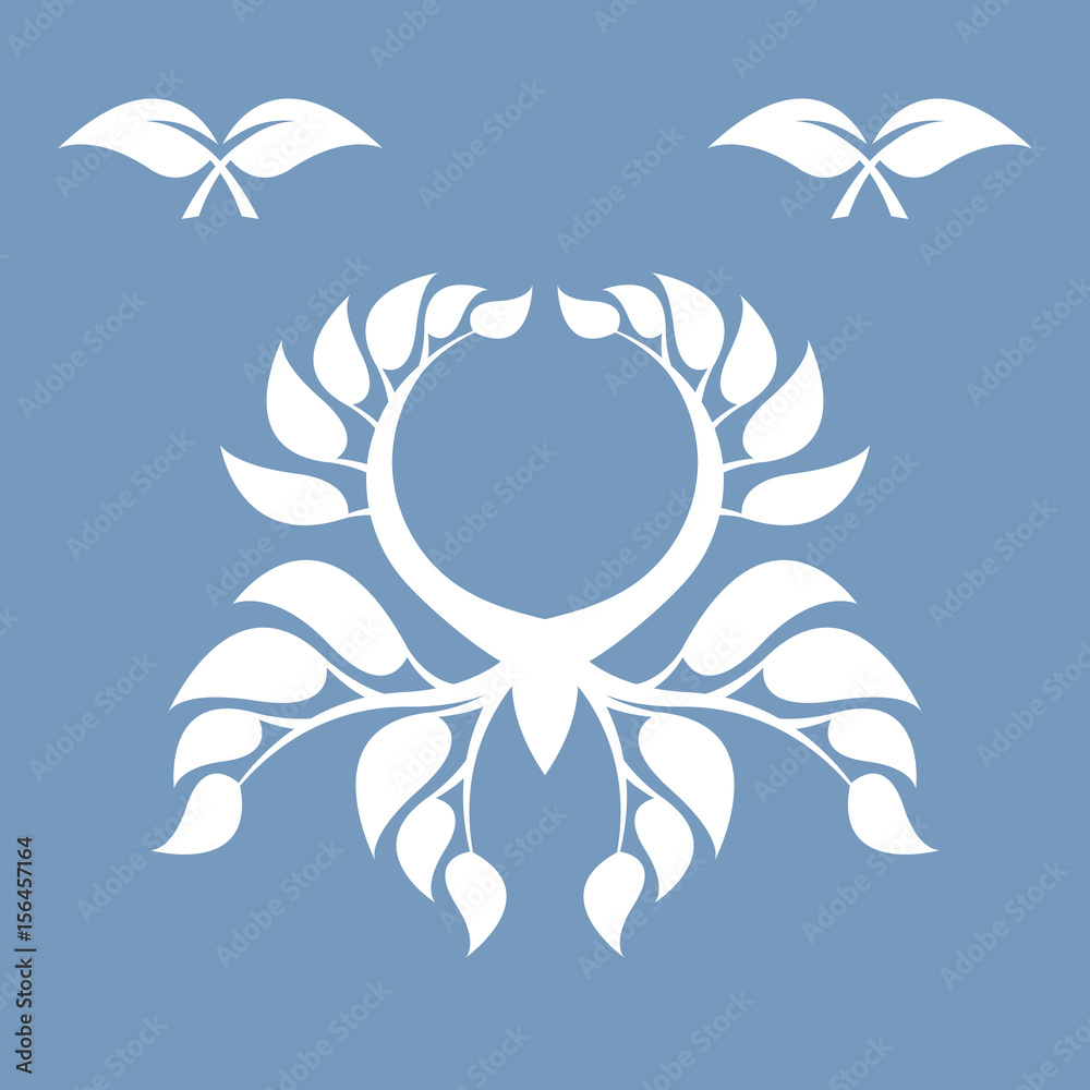 White abstract wreath on a blue background. Foliate element. Deciduous ornament. White abstract wreath on a blue background. Foliate element. Deciduous ornament.