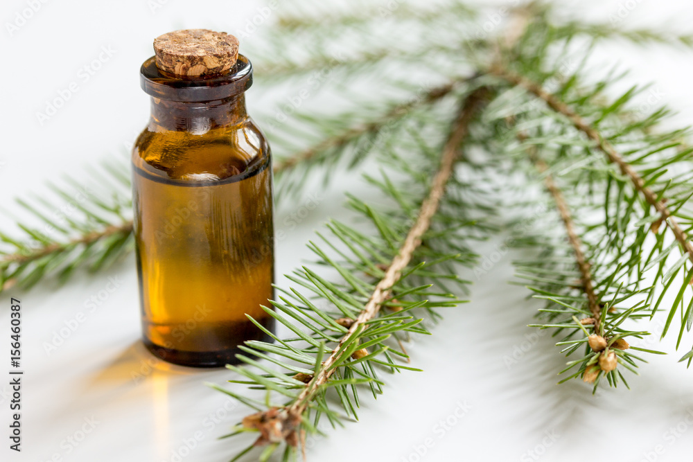 Bottles of essential oil and fir branches for aromatherapy and spa on white table background Bottles of essential oil and fir branches for aromatherapy and spa on white table background