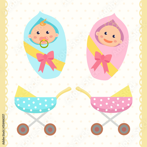 Newborn babies. Baby boy and baby girl. Prams.  Flat design.