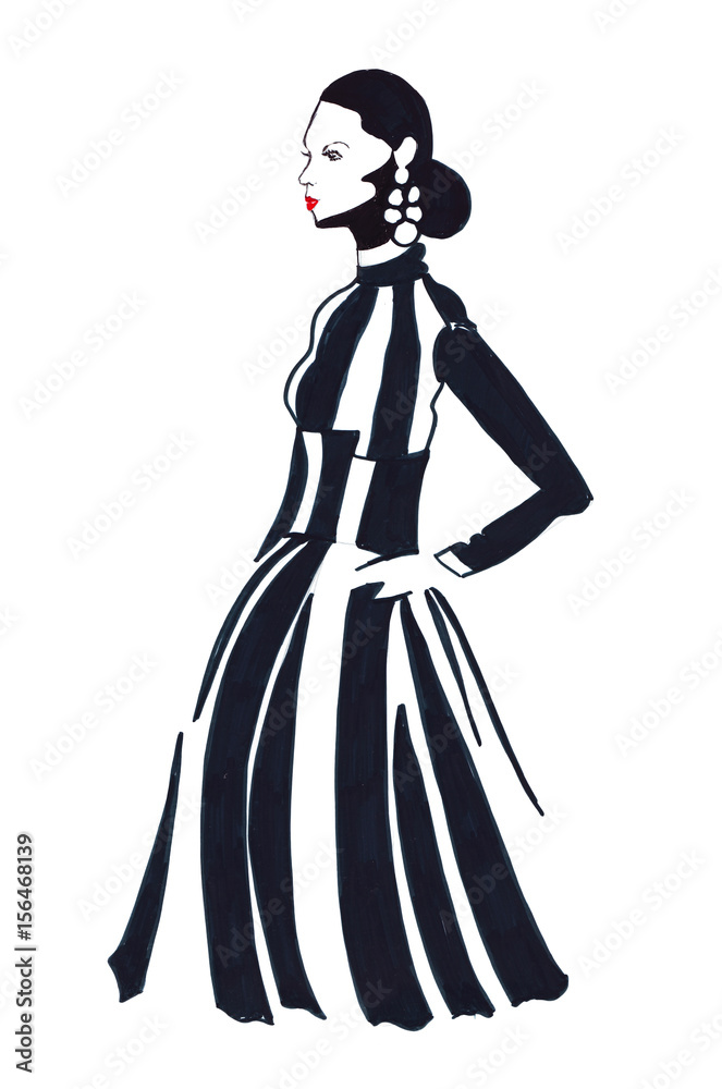 Illustration of female silhouette in a long dress of black and white stripes Illustration of female silhouette in a long dress of black and white stripes