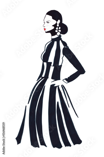 Illustration of female silhouette in a long dress of black and white stripes